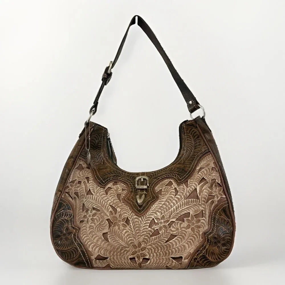 American West Tooled Two Tone Brown Leather Shoulder Bag Purse Concealed Carry